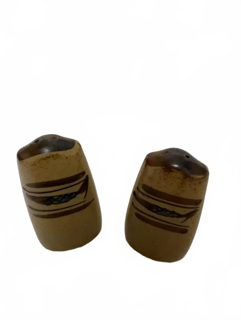 Vintage Japan Stoneware Salt & Pepper Shakers Brown Tan Abstract Set